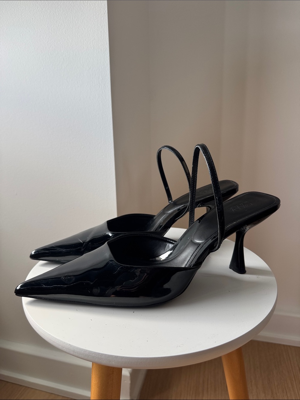 Zara Black Patent Pointed Toe Slingback Heels
